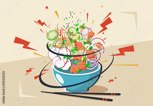 Vector illustration of a plate with a national Hawaiian Poke dish, with slices of tuna, radishes, greens, onions, cucumber and carrots
