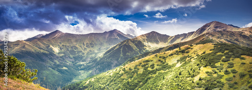 Panorama of Tatra Mountains under stormy clouds with some impressive peaks: Wolowiec, Lopata, Starobocianski Wierch, Czubik, Trzydniowianski Wierch