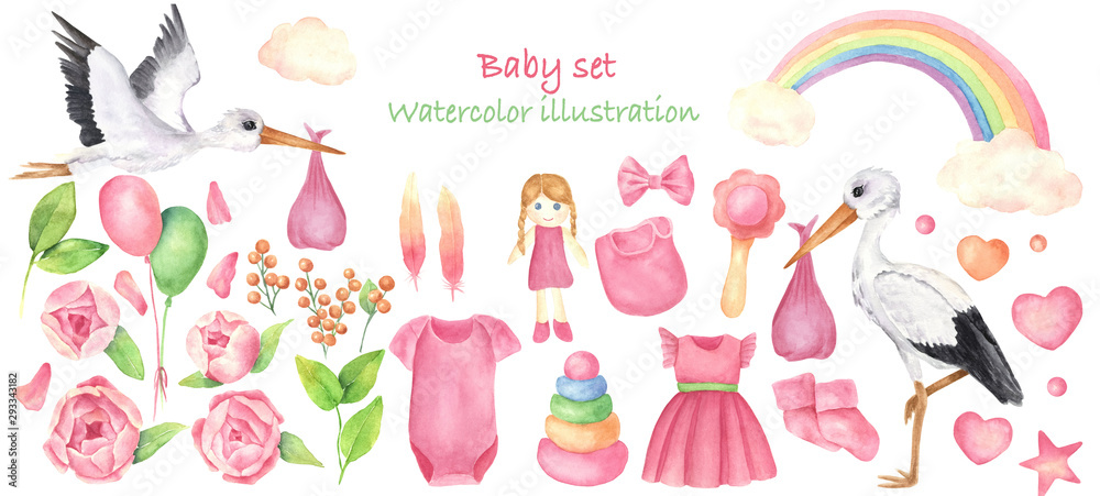 A set of Newborn girl elements, isolated object on the white background. Watercolor hand drawn illustration of .storks, flowers, rainbow, baby clothes and toys. Pink color, cartoon character A set of Newborn girl elements, isolated object on the white background. Watercolor hand drawn illustration of .storks, flowers, rainbow, baby clothes and toys. Pink color, cartoon character