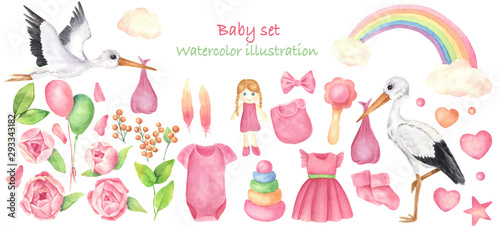 A set of Newborn girl elements, isolated object on the white background. Watercolor hand drawn illustration of .storks, flowers, rainbow, baby clothes and toys. Pink color, cartoon character