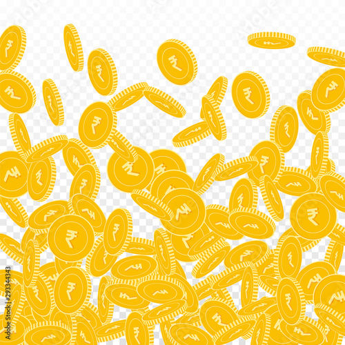 Indian rupee coins falling. Scattered big INR coin