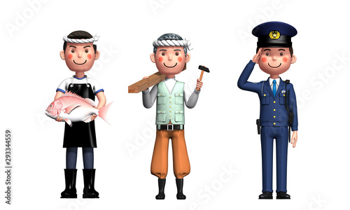 Illustration of fish shop, carpenter and police officer in 3d render