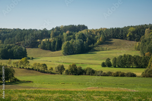 Autumn view on the meadow, hills and trees in Suwalski Landscape Park, Podlaskie, Poland photo