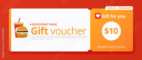 Voucher food in vintage style on white background. Discount for burger. Banner design. Sale Cartoon vector illustration. Layout template.