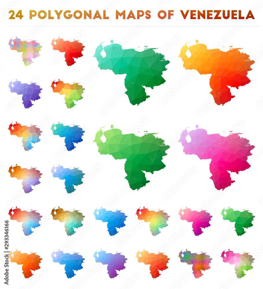 Set of vector polygonal maps of Venezuela. Bright gradient map of country in low poly style. Multicolored Venezuela map in geometric style for your infographics. Set of vector polygonal maps of Venezuela. Bright gradient map of country in low poly style. Multicolored Venezuela map in geometric style for your infographics.