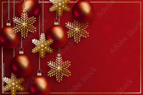 Christmas and 2020 New Year design. 3D red realistic christmas balls and decorative golden snowflakes hang on gold chains on red background. Elegant festive vector banner EPS10