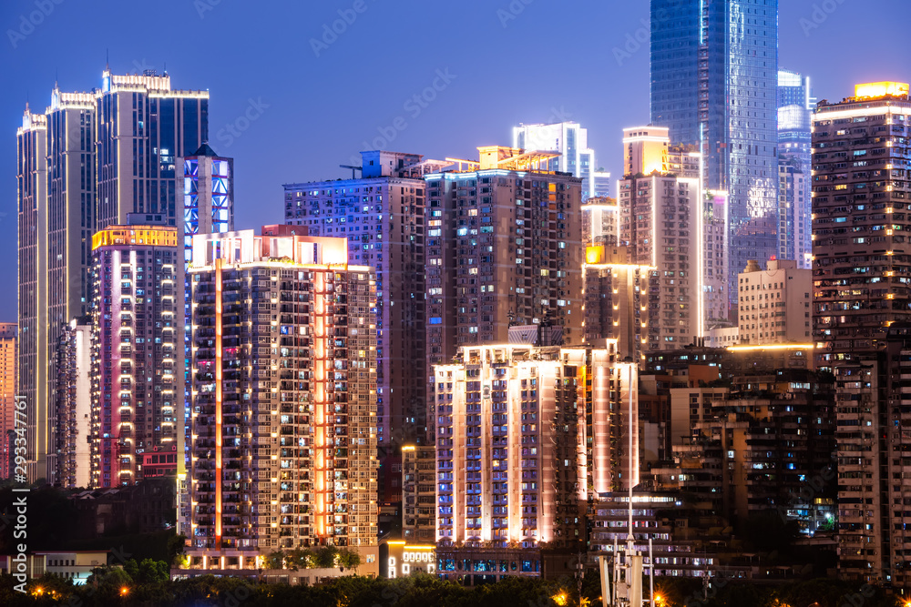 Night view of urban buildings in Chongqing..