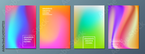 Vector illustration of bright color background with mesh gradient texture for minimal dynamic cover design. Blue, pink, yellow, green placard poster template. EPS 10