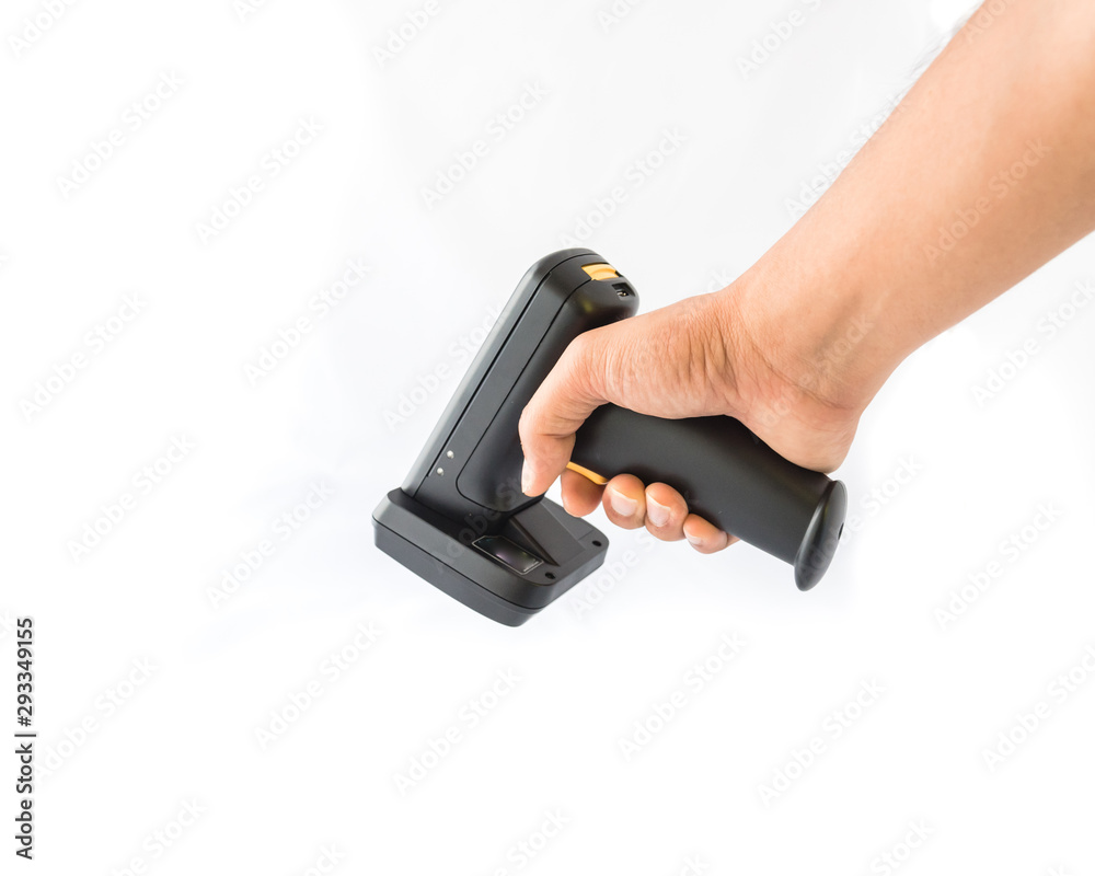 Studio shot right male hand using RFID scanner isolated on white