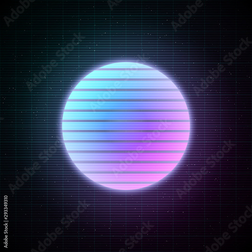 Retrowave style striped sun with blue and pink glowing in starry space with laser grid. Vaporwave, synthwave, retrowave illustration for poster, banner, flyer etc.