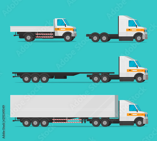 Lorry or cargo truck and delivery automobiles or vehicle vector set, flat cartoon freight industry transport, large courier cars and big wagon vans for shipping isolated image