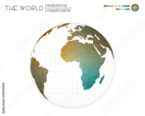 Abstract world map. Orthographic projection of the world. Brown Blue Green colored polygons. Neat vector illustration.