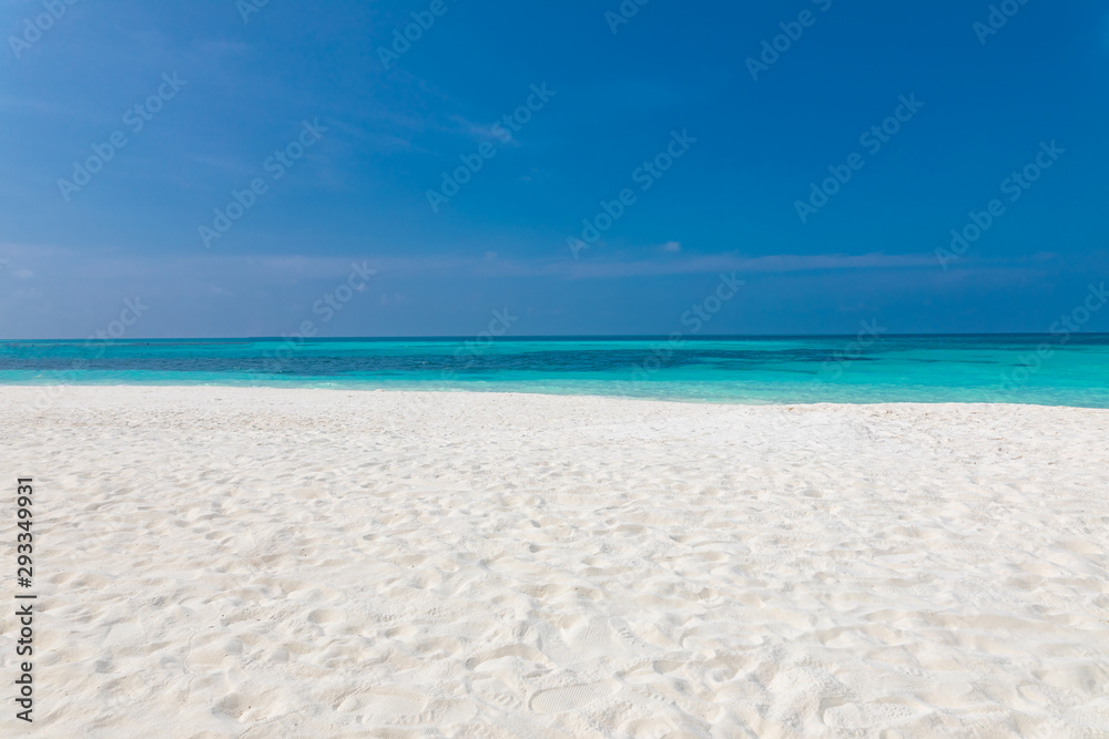Empty beach landscape. Sea sand sky concept. Calmness and loneliness concept of beach view and horizon under blue sky