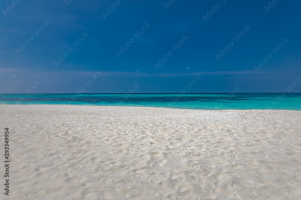 Empty beach landscape. Sea sand sky concept. Calmness and loneliness concept of beach view and horizon under blue sky