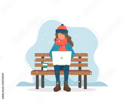 Girl with computer on bench in winter with coffee. Cute vector illustration in flat style