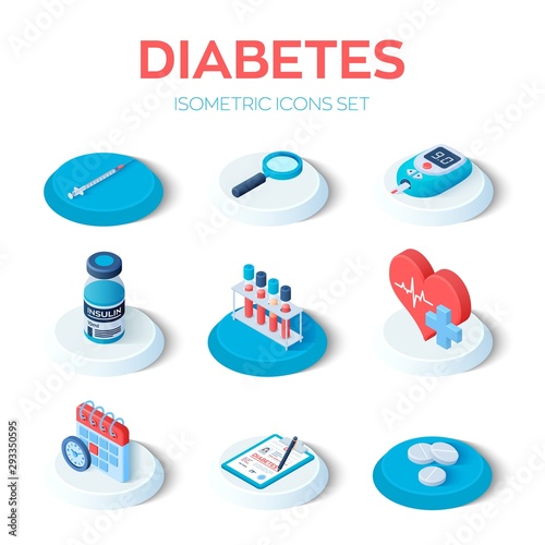 Diabetes - isometric icons set. Blood glucose meter, pills, syringe, insulin vial, calendar, search icon. Diabetes mellitus type 2 and insulin production concept. Vector illustration.
