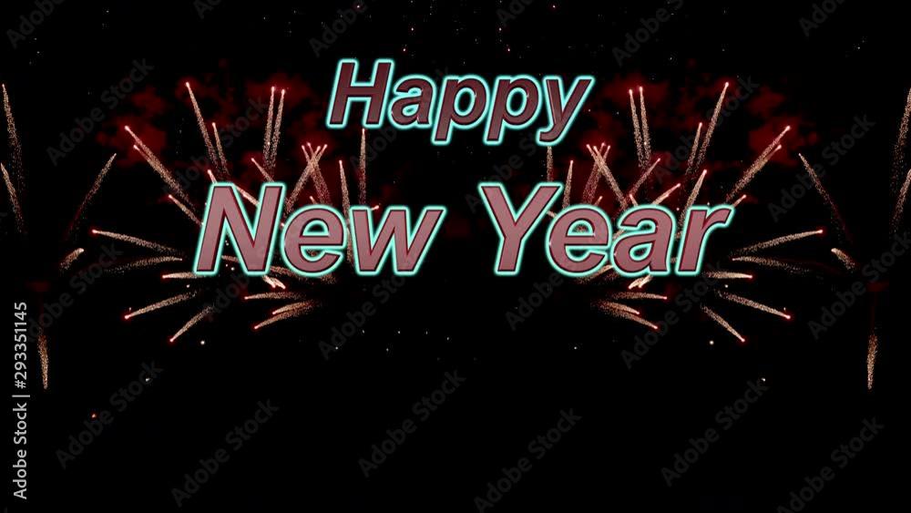 Happy new year text font in front of colorful firework in the background. 2020