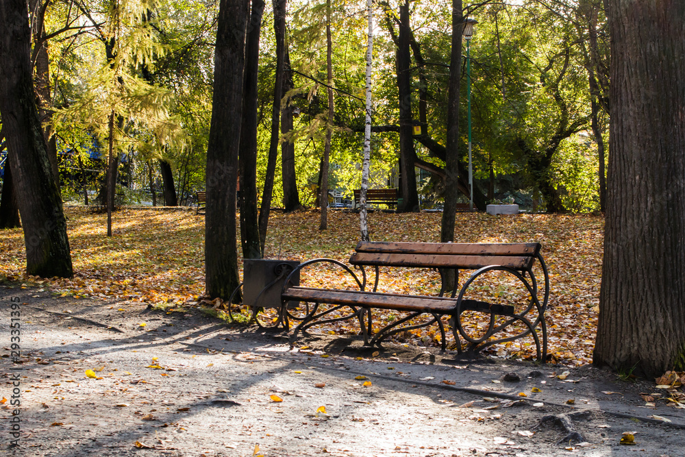 A bench in an old city autumnal park