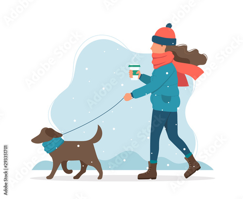 Woman walking a dog in winter. Cute vector illustration in flat style