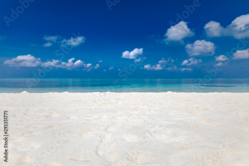 Empty beach landscape. Sea sand sky concept. Calmness and loneliness concept of beach view and horizon under blue sky