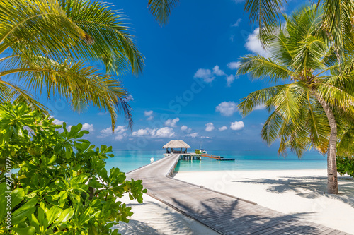 Fototapeta Naklejka Na Ścianę i Meble -  Maldives beach with luxurious water villas and loungers beautiful tropical scene. Luxury summer travel destination background concept. Beach mood for summer vacation or holiday design