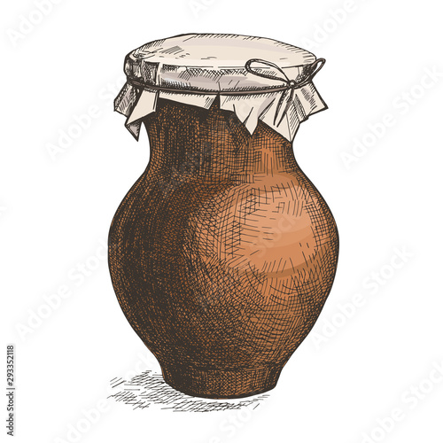 Vector image of a crock with milk. Sketch style illustration.