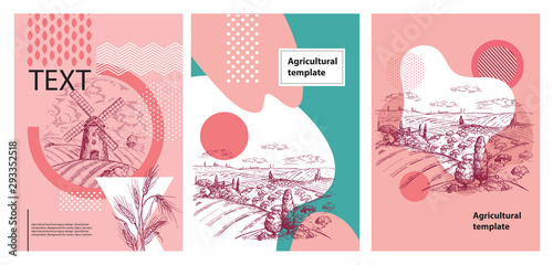 Vector image of a field, haystacks, a tree and a house in the Tuscan style. Geometrical composition. Background for covers, flyers, banners.
