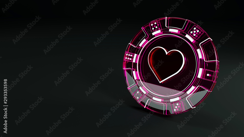 Φωτογραφία Casino Chip with Purple Glass in Hearts Concept with Dice Dots - 3D Illustration