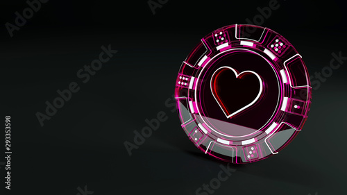 Casino Chip with Purple Glass in Hearts Concept with Dice Dots - 3D Illustration