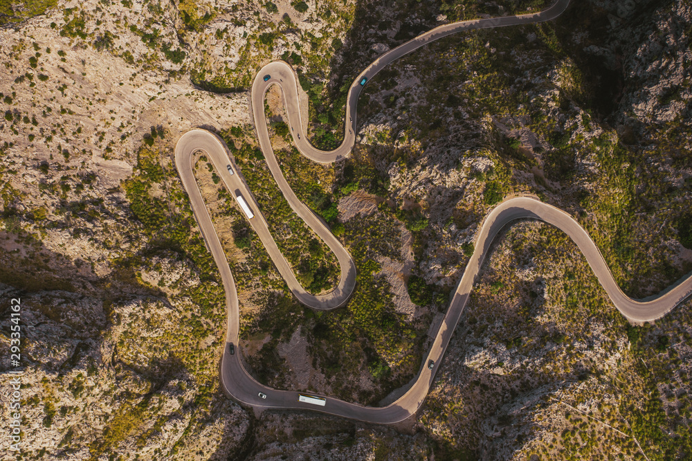 Aerial photo of serpentine road. Mallorca, Spain.