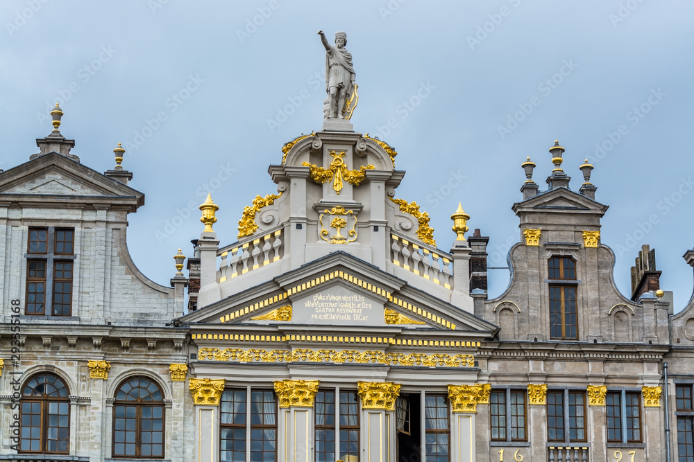 Facades of rooftops of medieval building on Grand Place in Brussels, Belgium