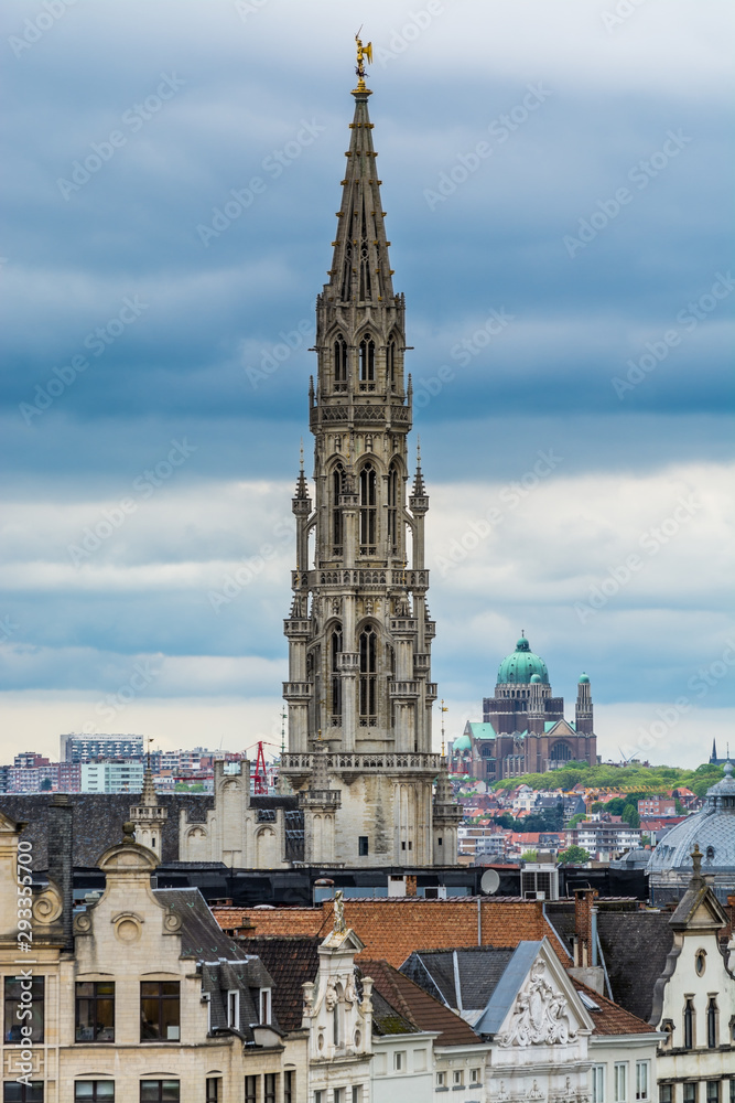 Cityscape of brussels with the landmark of tower against cloudy sky from the Monts des arts, brussels, Belgium.
