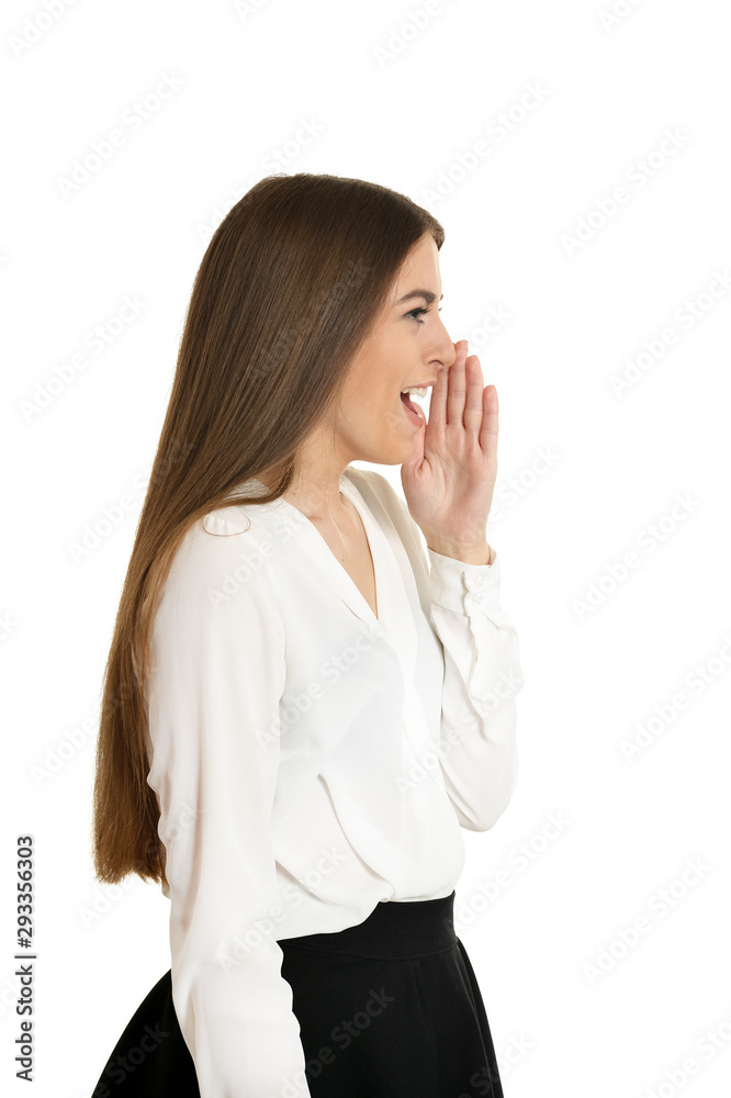 Beautiful woman in blouse scream on white background Beautiful woman in blouse scream on white background