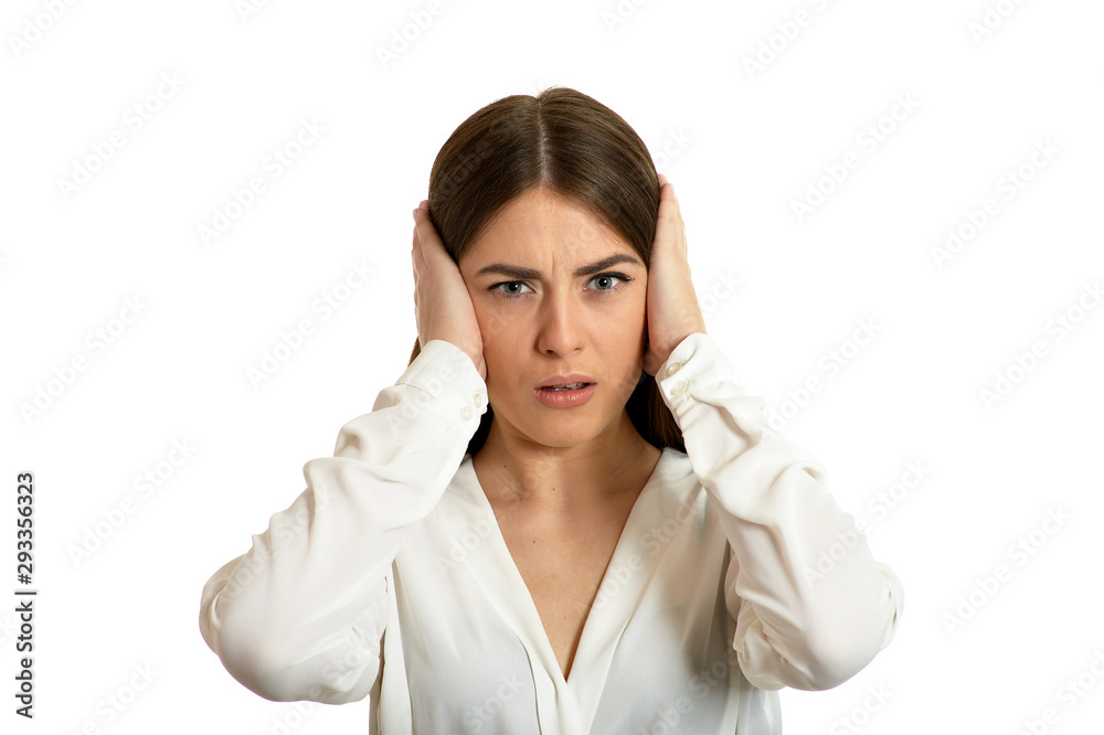 Beautiful woman in white blouse with headache on white background Beautiful woman in white blouse with headache on white background