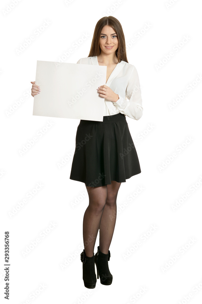 Beautiful woman and white signboard or copyspace for slogan or text, isolated Beautiful woman and white signboard or copyspace for slogan or text, isolated