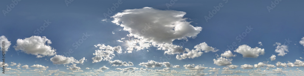 Obraz premium Seamless cloudy blue sky hdri panorama 360 degrees angle view with zenith and beautiful clouds for use in 3d graphics as sky dome or edit drone shot