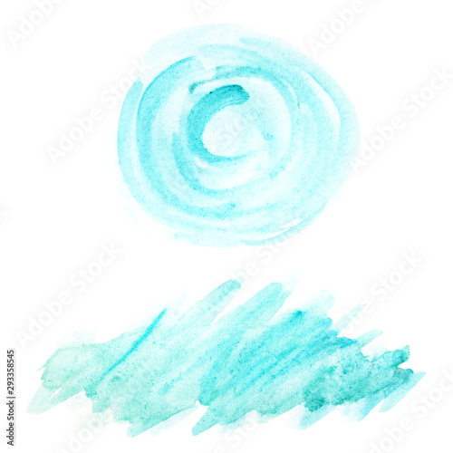 Abstract Art watercolor brush blue circle shape elements set paint stain isolated on white background. Spot of painted watercolor hand drawing.