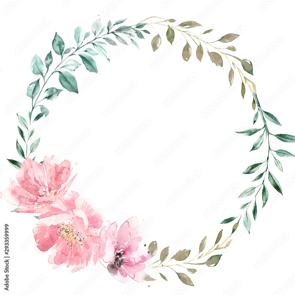 Wreath of green leaves and pink flowers