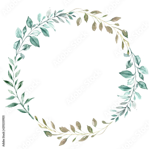 A wreath of green leaves. Wild plants. Watercolor illustration.