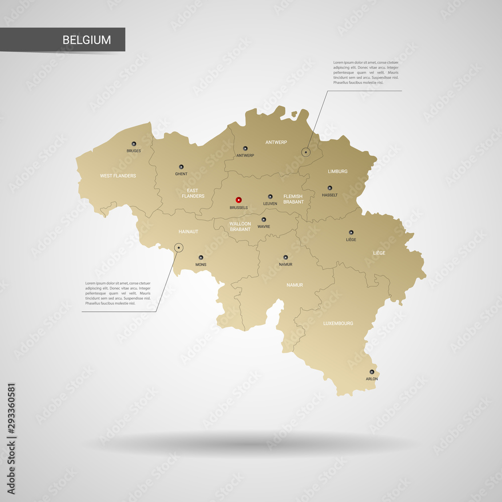 Stylized vector Belgium map.  Infographic 3d gold map illustration with cities, borders, capital, administrative divisions and pointer marks, shadow; gradient background.