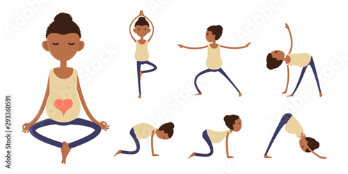 Afro American Pregnant woman doing yoga, penatal yoga, vector illustration