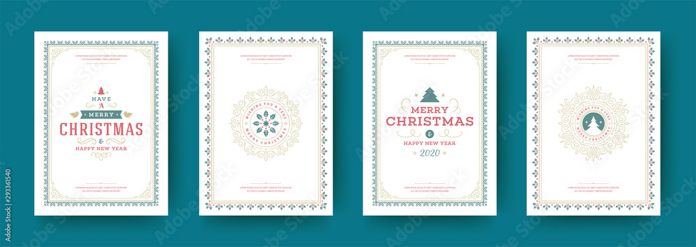 Christmas cards vintage typographic design ornate decorations symbols with winter holidays wishes vector illustration