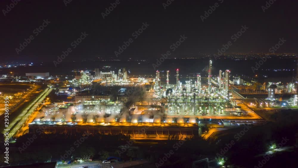 Aerial Hyperlapse Time lapse. Thermal power industry power plant and Oil refinery plant at night Aerial Hyperlapse Time lapse. Thermal power industry power plant and Oil refinery plant at night