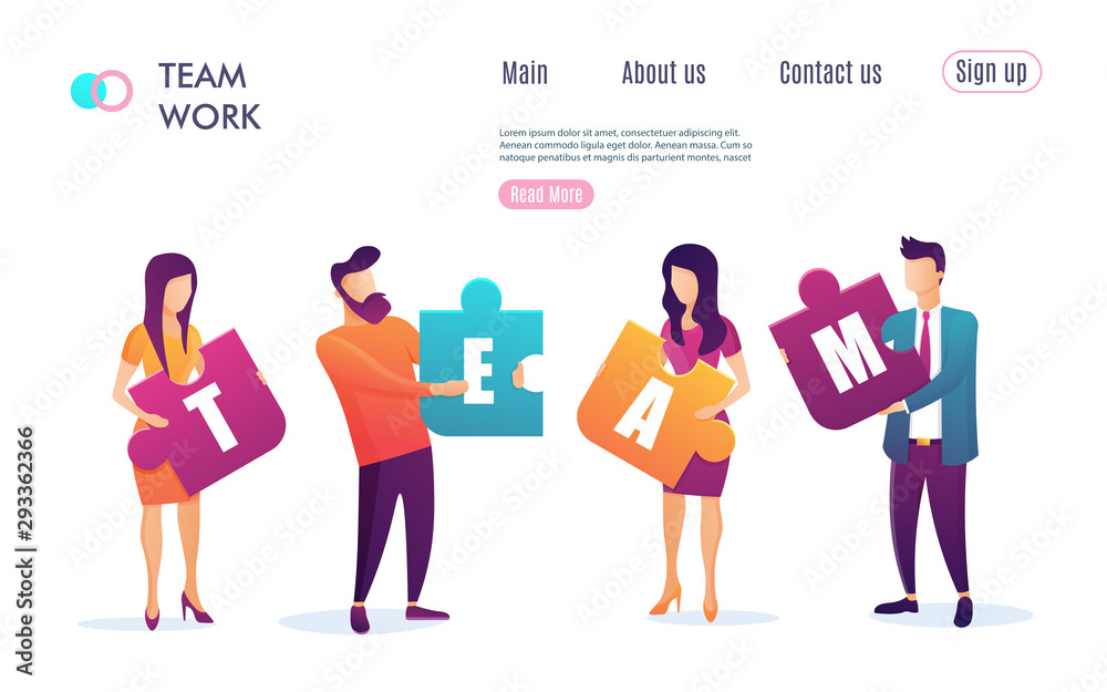 Business concept. Team metaphor. people connecting puzzle elements. Flat design colorful style. Symbol of teamwork, cooperation, partnership. Vector illustration