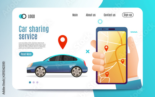 Car sharing service advertising web page template. A man with a smartphone standing near the car. Business website concept. Flat Style. Colorful background. Vector illustration