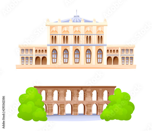Turkey country buildings landmarks. Valenta Aqueduct and Dalmabahce Palace building. Travel concept for Asia cartoon vector illustration photo