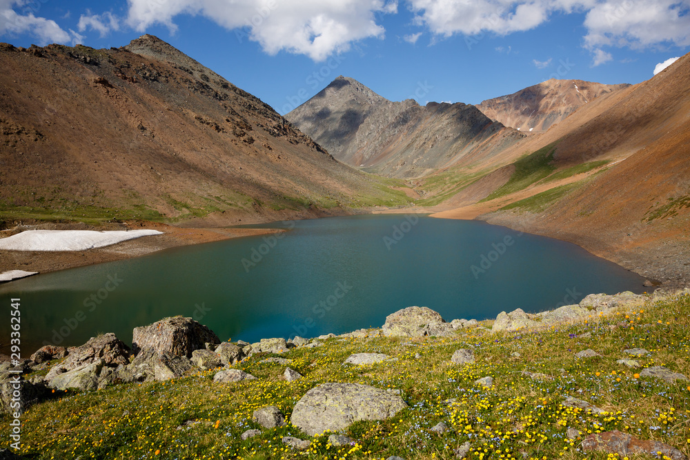 Landscapes of the Altai Mountains. Mountains and lakes of Siberia. Mountain Spirit Lake.