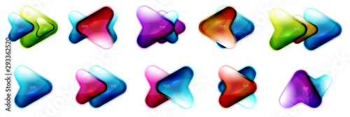 Set of glass arrow buttons banners design. Arrowhead glossy icons. Directional cursors, interface elements or web box frames