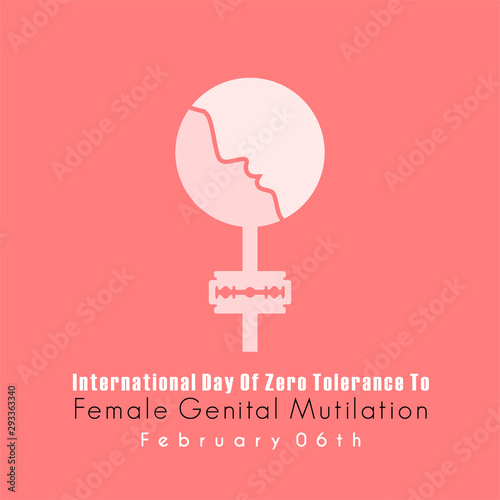 International Day of Zero Tolerance to Female Genital Mutilation with woman face on female icon and razor blade