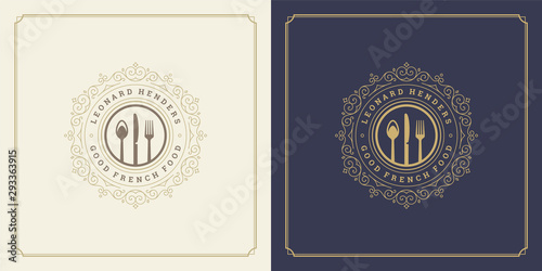 Restaurant logo template vector illustration fork and spoon symbol and ornament swirls good for menu and cafe sign